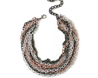 Multi Layer Statement Necklace, Rose Gold Oval Link Cable Chain, Mixed Metals Chunky Jewelry