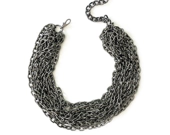 Multi Layer Statement Necklace, Gunmetal Oval Link Cable Chain, Chunky Jewelry