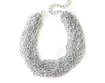 Multi Layer Statement Necklace, Silver Oval Link Cable Chain, Chunky Jewelry