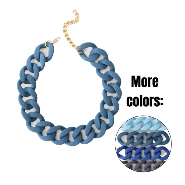 Collier bleu chunky, chaîne de déclaration bleu marine, grand collier à maillons mats, bijoux personnalisés, chaîne à maillons en résine acrylique