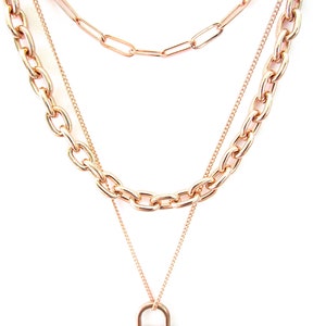 Padlock Necklace Set, Paper Clip Layer Chains, Rose Gold Layer Chains, Oval Link Necklace, Rose Gold Multilayer Set, Triple Layer Necklace image 2