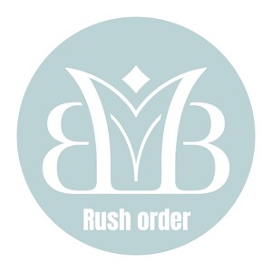 May include: A white logo with the letters "MB" in a stylized design, set against a light blue circular background. The words "Rush order" are printed in white at the bottom of the circle.