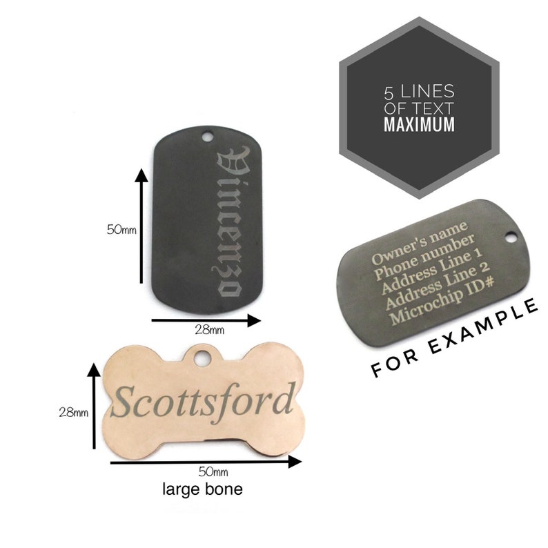May include: A collection of pet ID tags. One is a dark gray rectangle, 28mm x 50mm, with the name "Vincenzo" engraved. Another is a bone-shaped tag, 28mm x 50mm, with "Scottsford" engraved. A third tag shows example text.