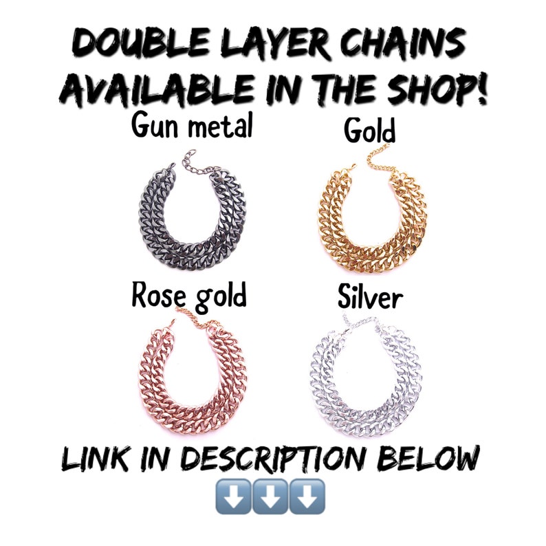 May include: Four double layer chain necklaces in gun metal, gold, rose gold, and silver.  DOUBLE LAYER CHAINS AVAILABLE IN THE SHOP! LINK IN DESCRIPTION BELOW