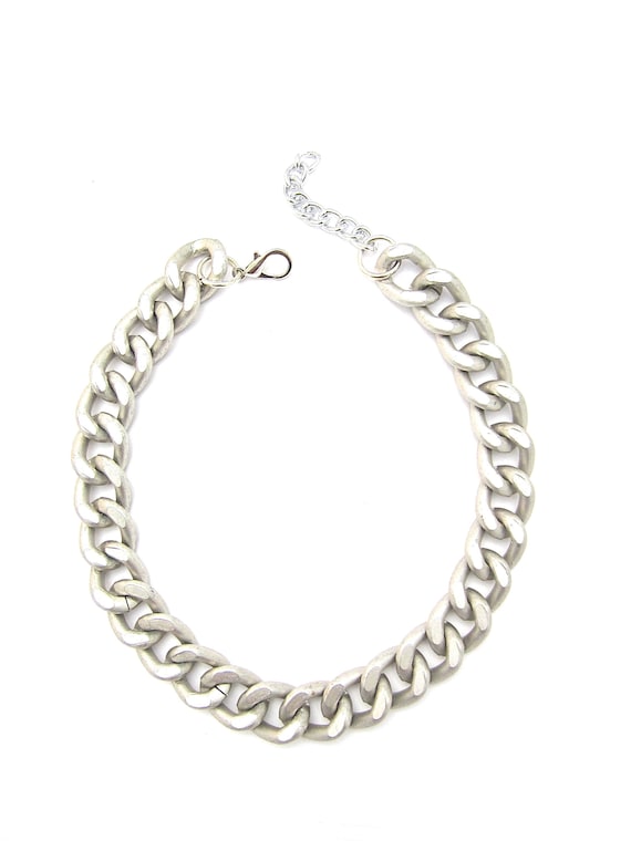 Chunky Chain Necklace, Lightweight Cuban Link Chain, Matte Silver Statement Necklace