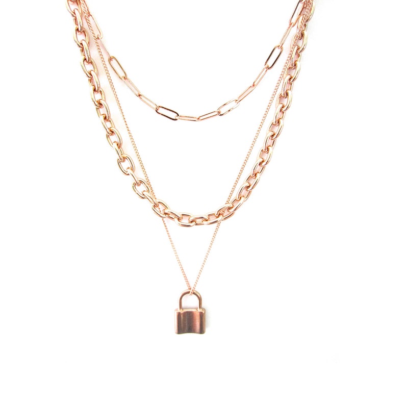 Padlock Necklace Set, Paper Clip Layer Chains, Rose Gold Layer Chains, Oval Link Necklace, Rose Gold Multilayer Set, Triple Layer Necklace image 1