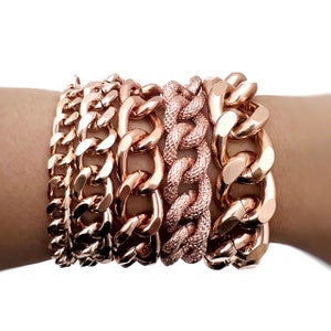 Cuban Link Bracelet, Chunky Rose Gold Chain Stack, Tarnish-resistant Lightweight Aluminum Metal, Stackable Set, Various Colors and Sizes