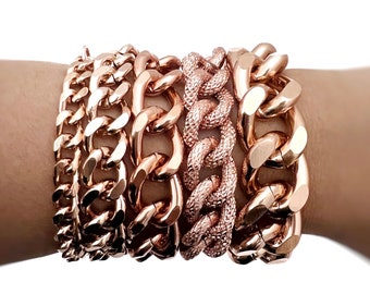 Cuban Link Bracelet, Chunky Rose Gold Chain Stack, Tarnish-resistant Lightweight Aluminum Metal, Stackable Set, Various Colors and Sizes