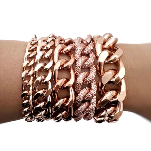 Cuban Link Bracelet, Chunky Rose Gold Chain Stack, Tarnish-resistant Lightweight Aluminum Metal, Stackable Set, Various Colors and Sizes