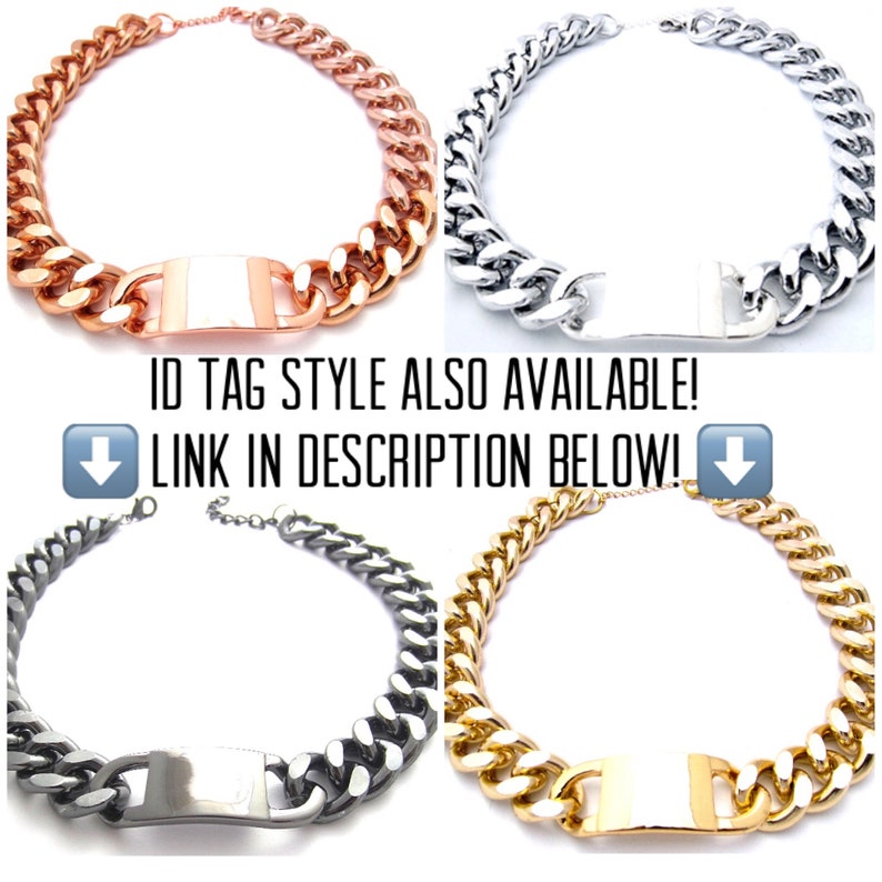 May include: Four chain necklaces with a rectangular tag. The chains are silver, gold, rose gold, and black.  ID TAG STYLE ALSO AVAILABLE! LINK IN DESCRIPTION BELOW!
