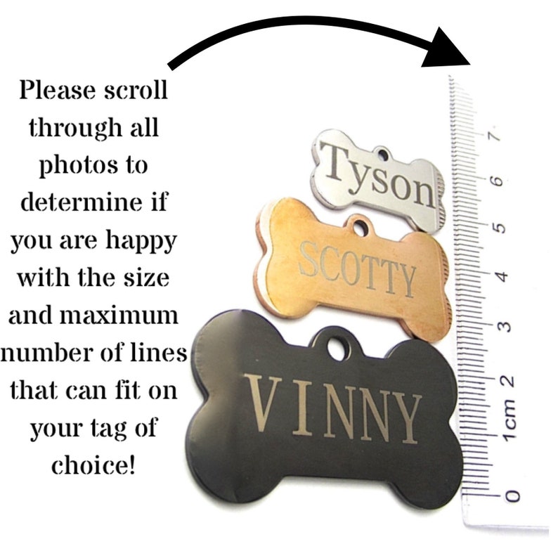 May include: Three bone-shaped pet tags in silver, copper, and black, each engraved with a pet's name: "Tyson", "Scotty", and "Vinny". A ruler shows the size of the tags. Text in the image advises scrolling through photos to determine the tag size.