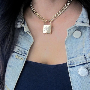 Engraved Padlock Necklace, Custom Lock and Key Set, Gold Day Collar, Lock Choker Chain, Cuban Link Choker, Couples Jewelry image 2