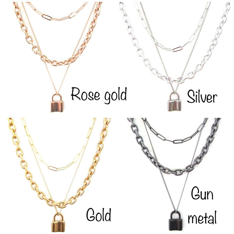 Padlock Necklace Set, Paper Clip Layer Chains, Rose Gold Layer Chains, Oval Link Necklace, Rose Gold Multilayer Set, Triple Layer Necklace image 5