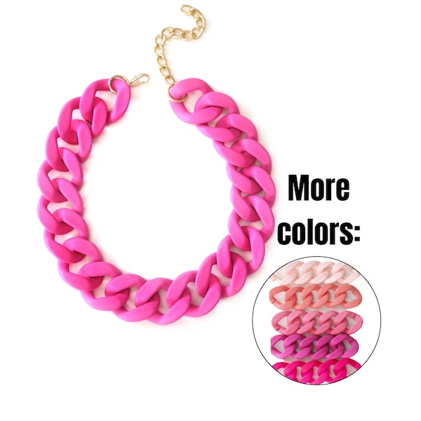 Chunky Pink Necklace, Hot Pink Statement Chain, Large Matte Link Necklace, Customized Jewelry, Acrylic Resin Link Chain