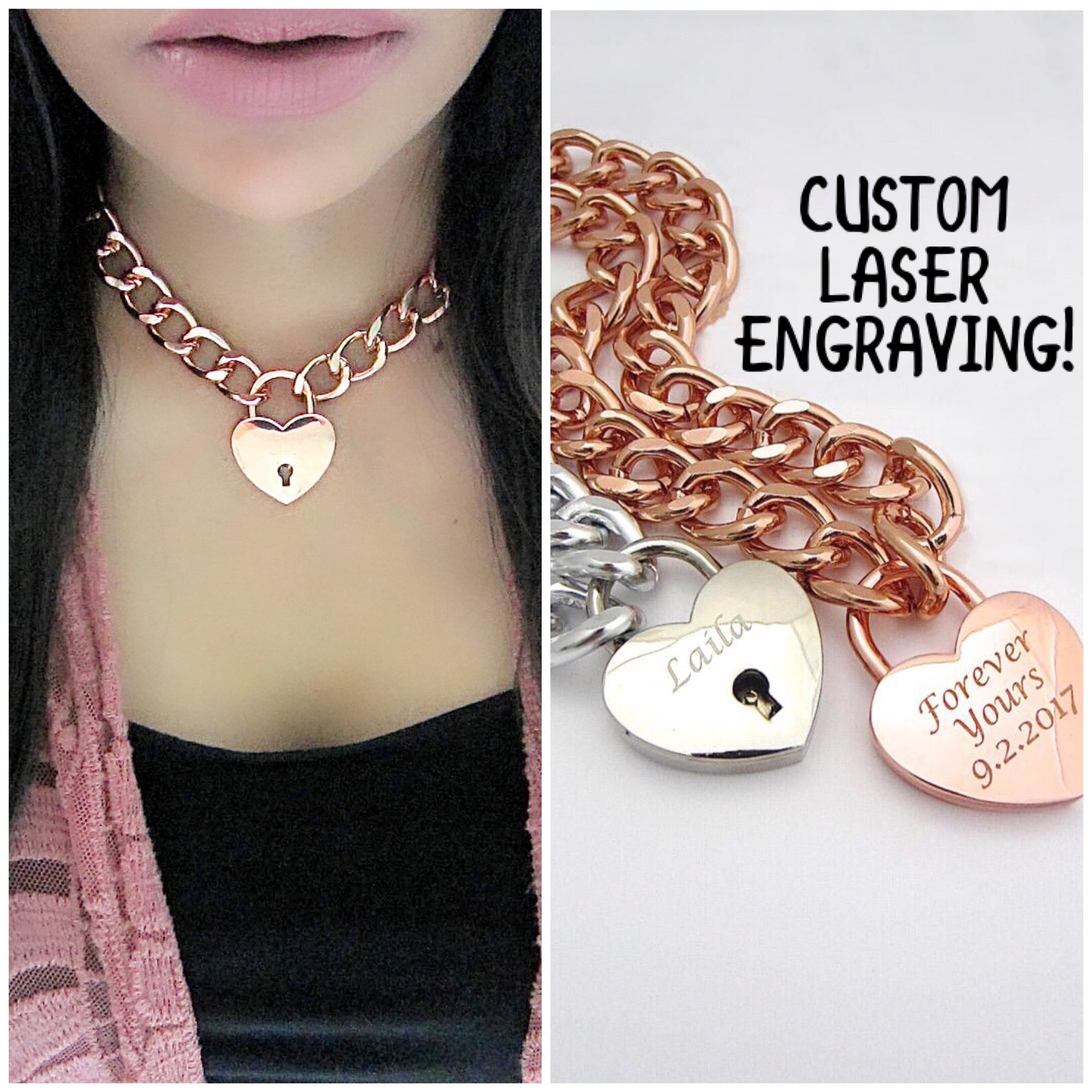 Engraved Lock Necklace Lightweight Cuban Link Choker Day Etsy