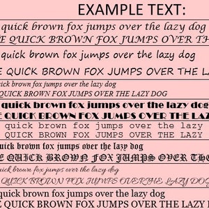 May include: A chart showing different font styles with the example text "the quick brown fox jumps over the lazy dog" and "THE QUICK BROWN FOX JUMPS OVER THE LAZY DOG" in each style. The font styles include Calligraphy, Casual, Classic, Dramatic, Modern, Old English, Script, and Standard.