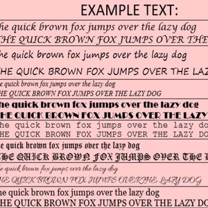 May include: A chart displaying various font styles with the phrase "the quick brown fox jumps over the lazy dog." Font styles include Calligraphy, Casual, Classic, Dramatic, Modern, Old English, Script, and Standard. The text is in black on a pink background.