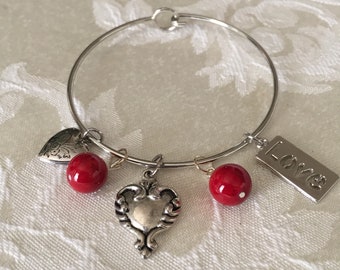 Charm Bangle Bracelet Love Charm, Red Beads, Heart Locket, Heart Charm