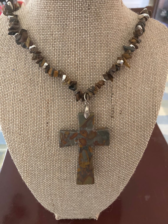 Tiger eye bead and cross necklace
