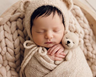 Newborn Photography Prop, Baby Knit Bonnet, Newborn Knit Props, Baby Bonnet, Baby Shower Gift, Fluffy Knitted Hat, Fluffy Teddy Bear Bonnet