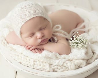 Newborn Photography Prop, Baby Knit Bonnet, Newborn Knit Props, Baby Bonnet, Baby Shower Gift, Fluffy Knitted Hat, Celeste Mohair Bonnet