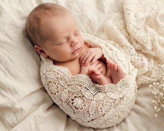 Newborn Photography Prop, Newborn Wrap, Crochet Lace Wrap, Boho Newborn Wrap, Newborn Photo Prop, Maeve Floral Wrap
