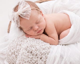 Baby Headband, Newborn Bow Headband, French Lace Baby Bow, Newborn Photography Prop, Nylon Headband, Saskia Lace Bow Headband