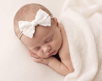 Baby Headband, Newborn Bow Headband, Embroidered Baby Bow, Newborn Photography Prop, Nylon Headband, Farrah Embroidered Bow Headband