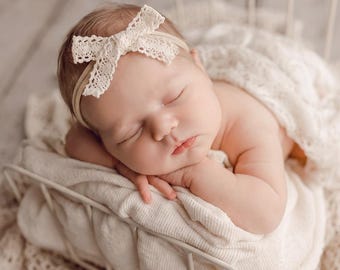 Baby Headband, Newborn Bow Headband, Crocheted Baby Bow, Newborn Photography Prop, Nylon Headband, Essie Crocheted Bow Headband