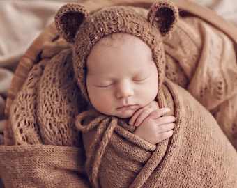 Newborn Teddy Bonnet, Baby Knit Bonnet, Speckled Baby Hat, Newborn Photography Prop, Speckled Teddy Bear Bonnet
