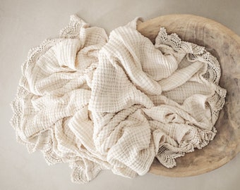 Newborn Photography Prop, Lace Muslin Baby Blanket, Vintage Crochet Trim Blanket, Blanket for Newborn Photography, Lace Trim Muslin Blankets