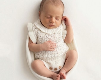 Conjunto para recién nacido, Conjunto para niña, Conjunto de punto para recién nacido, Regalo para baby shower, Conjunto para volver a casa, Accesorio de fotografía, Mono Charlotte blanco