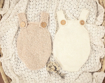Newborn Outfit, Knit Newborn Overalls, Baby Girl Outfit, Newborn Photography Prop, Hand Knitted Romper, Speckled Knit Overalls