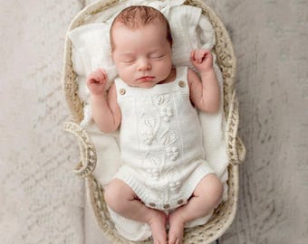 Conjunto para recién nacido, conjunto para niña, conjunto de punto para recién nacido, regalo para baby shower, conjunto para volver a casa, accesorio de fotografía, mameluco blanco de hojitas.