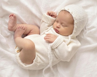Newborn Photography Prop, Baby Knit Bonnet, Newborn Knit Props, Baby Shower Gift, Baby Girl Bonnet, Mohair Knitted Hat, Pearl Knit Bonnets