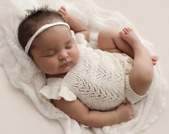 Newborn Outfit, Knit Newborn Romper, Baby Girl Outfit, Newborn Photography Prop, Botanical Knit Outfit, White Georgie Knit Romper