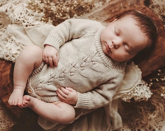 Gebreide romper voor pasgeborenen, babyoutfit voor meisjes, romper met lange mouwen, thuiskomstoutfit, fotorekwisiet, gebreide romper van Fawn Willow