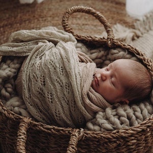 Heirloom Vintage Mohair Wrap with pretty botanical pattern wrapped around newborn baby, asleep in basket. Newborn Photography Prop session.