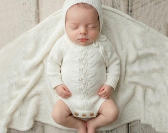 Conjunto para recién nacido, conjunto para niña, conjunto de punto para recién nacido, regalo para baby shower, conjunto para volver a casa, accesorio de fotografía, mono de punto de sauce blanco