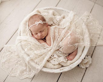 Newborn Photography Prop, Embroidered Tulle Wrap, Newborn Lace Wrap, Sheer Newborn Wrap, Newborn Photo Prop, Freya Lace Wrap