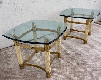 Pair of 1970s Ivory and brass Side Tables in the style of Tommaso Barbi, Italian