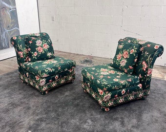 Pair of Vintage 1980s hunter green floral slipper chairs