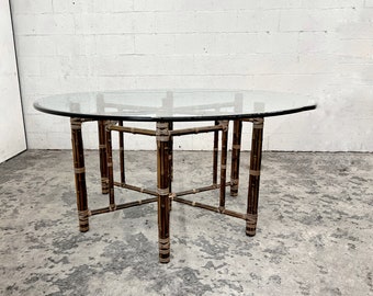 Large 60” Vintage McGuire Dining Table, Rattan and Bamboo and Raw Hide Hide