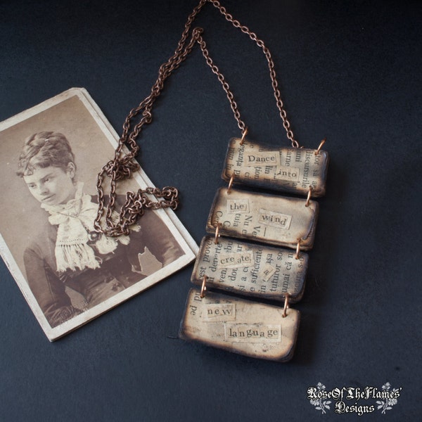 Book necklace. Vintage paper jewelry. Quote pendant. Dance jewelry. Monique Duval "Dance into the wind - create a new language"