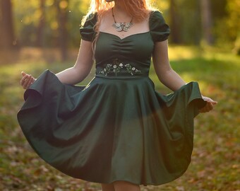 Embroidered Floral Taffeta Dress: Cottagecore Fairy Witchy Clothing