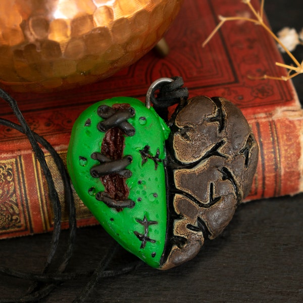 Collier coeur et cerveau de zombie - Bijoux effrayants d'horreur d'Halloween