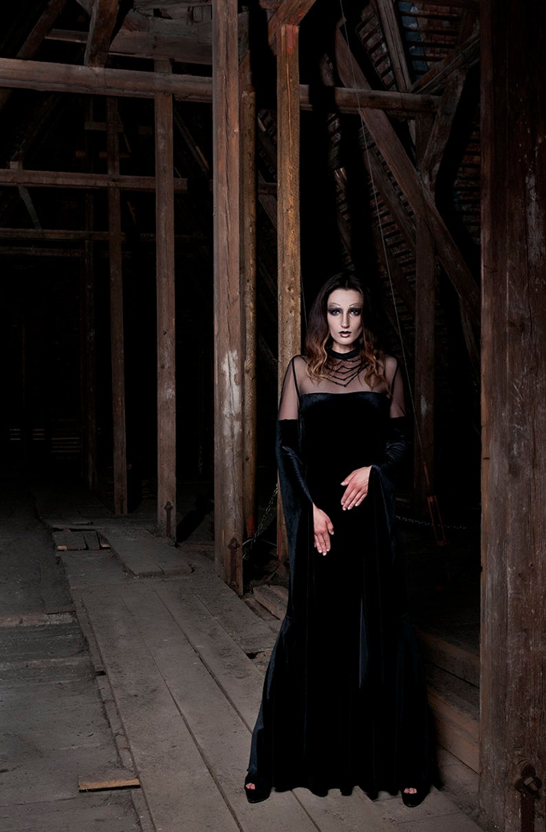 evening elegant Black velvet gothic maxi dress