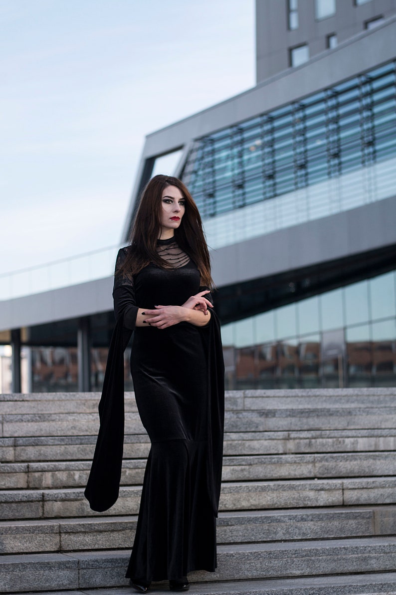 evening elegant Black velvet gothic maxi dress
