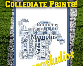 Collegiate Print- University of Memphis: College Typographic, Memphis Art, Word Cloud, High School Grad Gift, HS Grad, College Grad