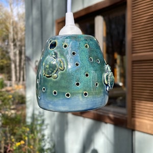 Hanging Sea Turtle Lantern, Pendant Light, Sea Turtle Pottery, Ceramic Lantern, Hanging Electric Lantern